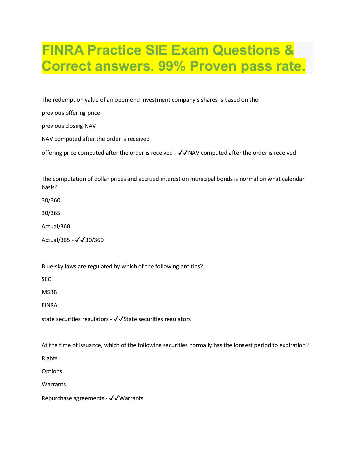 Preview image for FINRA Practice SIE Exam Questions &  Correct answers. 99% Proven pass rate.